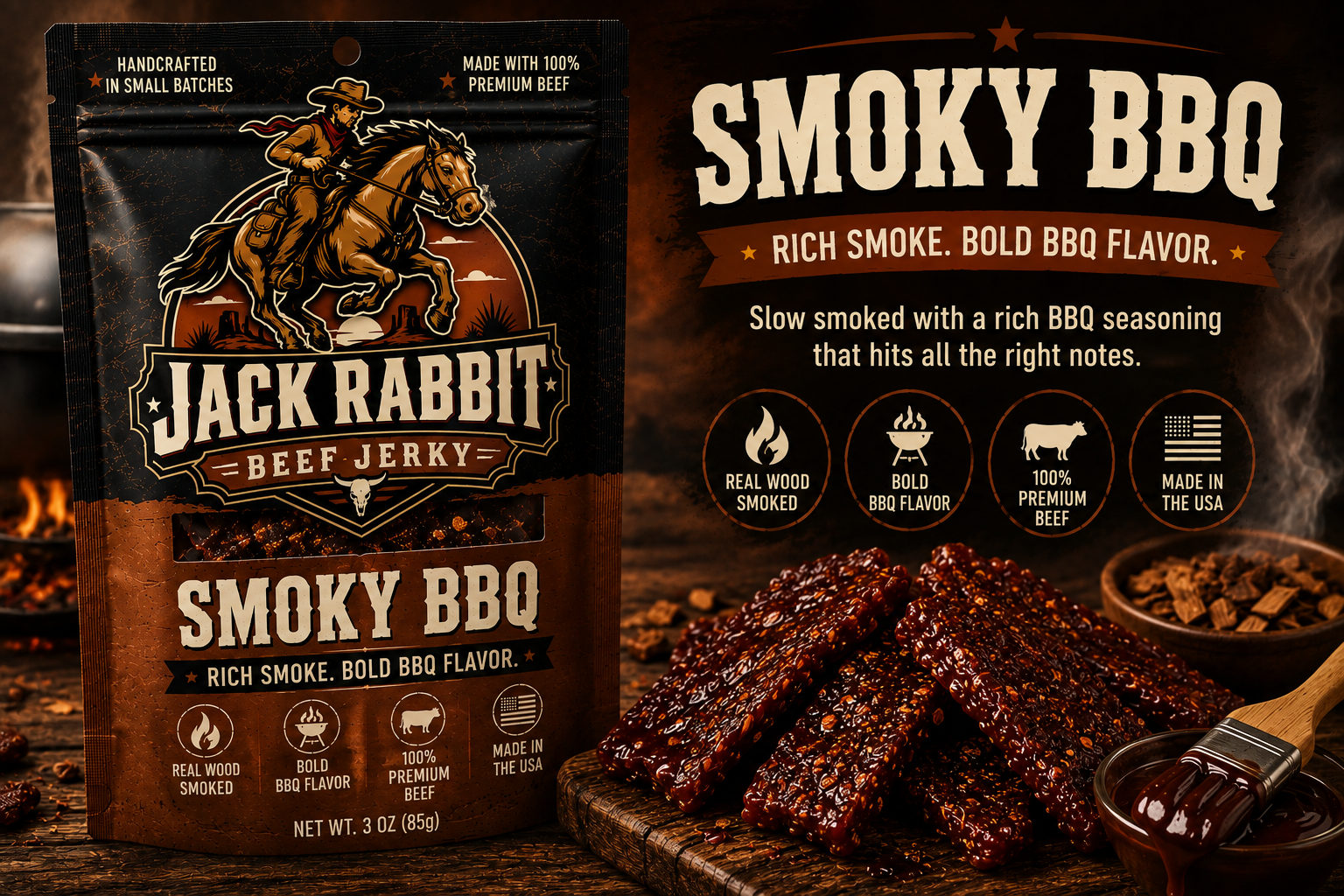 Smoky BBQ beef jerky with rich, savory barbecue flavor
